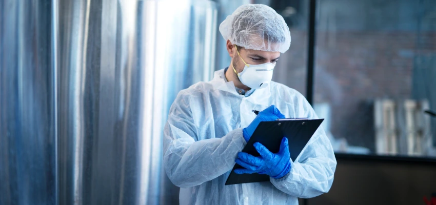 HACCP in Saudi food industry – food safety inspector in protective clothing checking quality standards in a factory for compliance and hygiene.